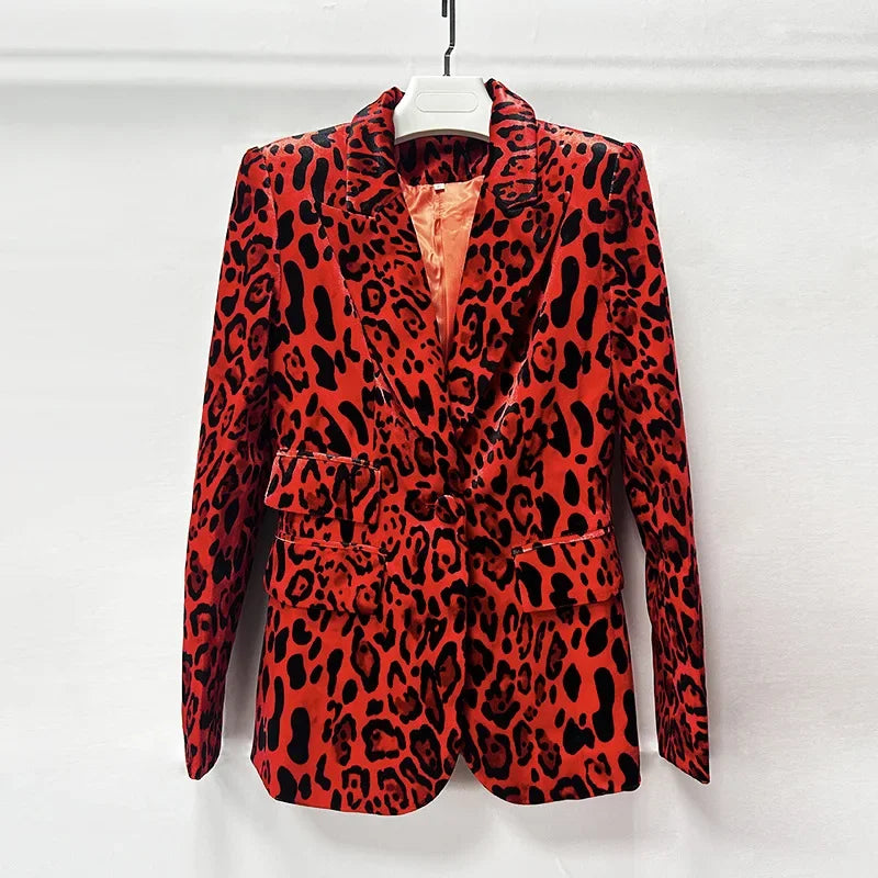 Velvet Designer Red Leopard Print Pencil Pants + Jacket 2pcs Suit