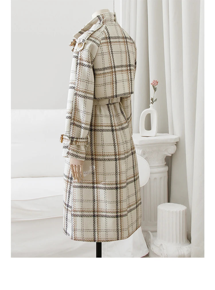 Long Loose Warm Plaid Wool Blends Trench Coat