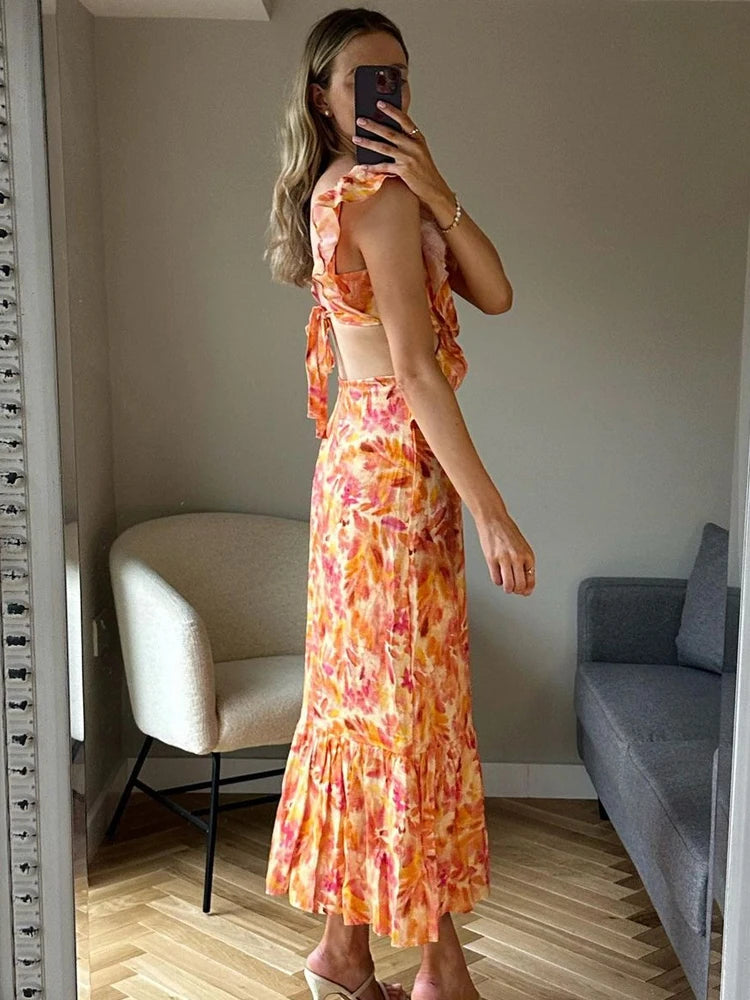 Fashion Floral Print Ruffle Slip Maxi Dresses