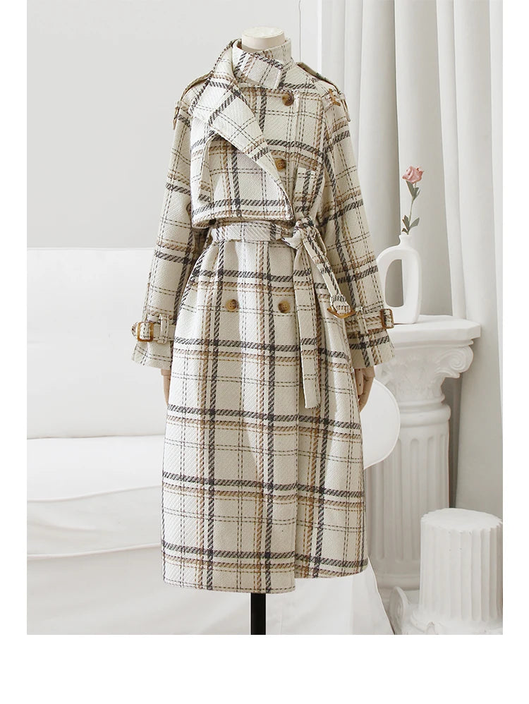 Long Loose Warm Plaid Wool Blends Trench Coat