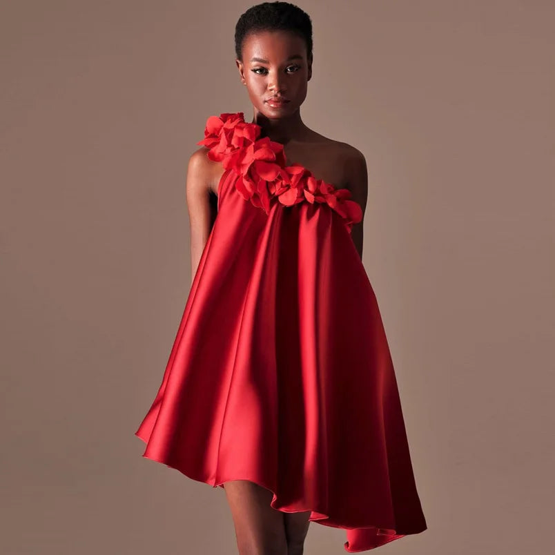 One Shoulder Red Satin Dress