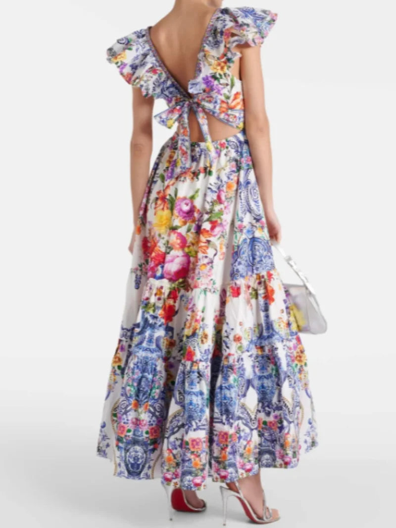 Back Bowknot Robe Floral Printed Beaded Elegant Maxi Dress