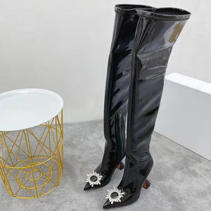 Patent Leather Black Rhinestone Flower Thigh High Boots