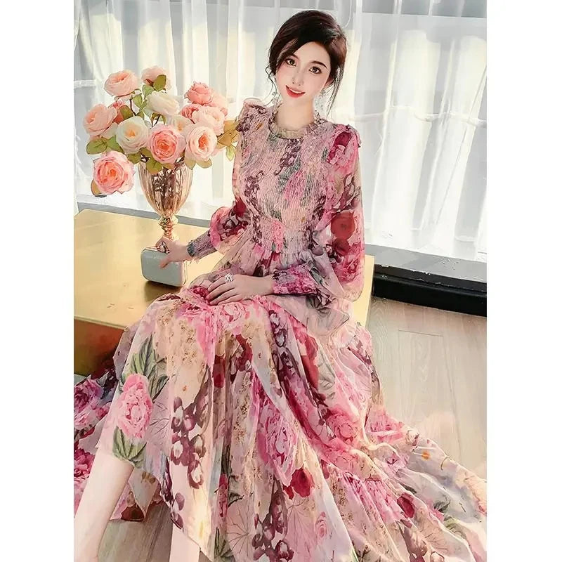 French Tea Break Chiffon Fragmented Flowers Dress