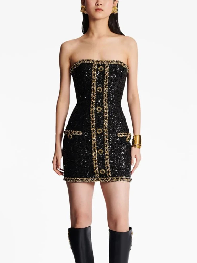 Designer Runway Gold Chains Sequined Strapless Sheath Tube Dress