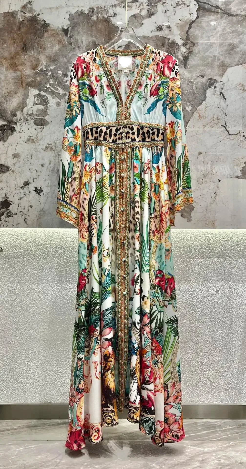 Australian Noblewoman Silk V-neck Rhinestone Print Dresses