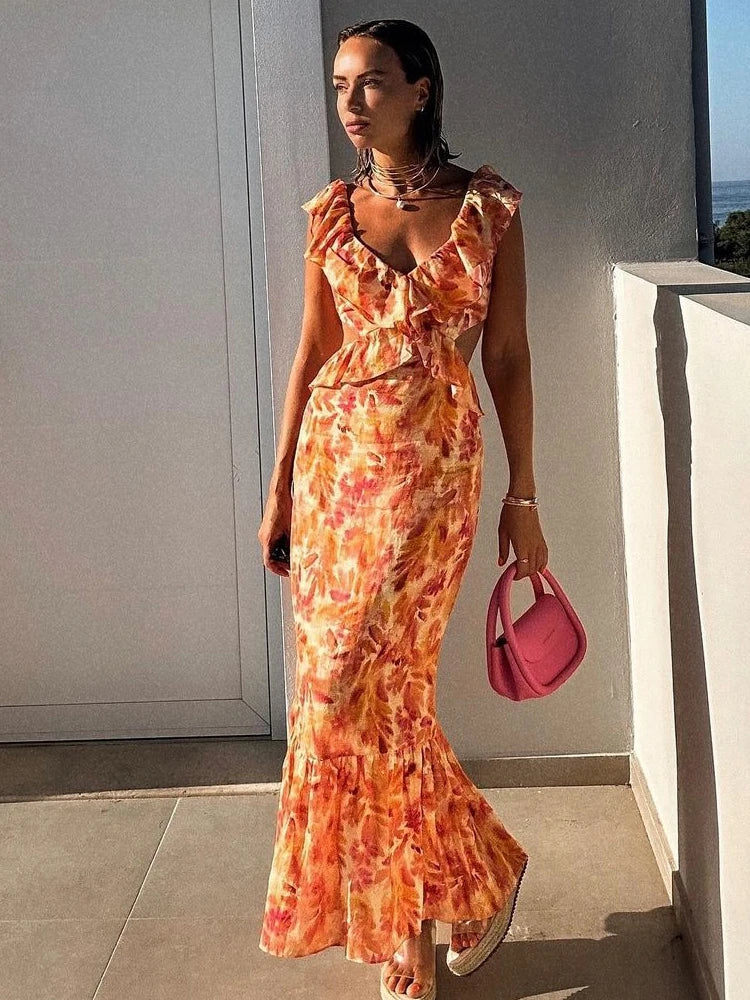 Fashion Floral Print Ruffle Slip Maxi Dresses