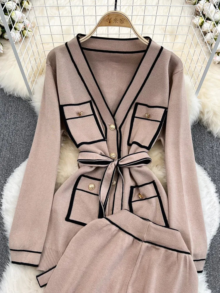 Lace-Up Waist Mid-Length V-Neck Knitted Cardigan Coat+ Wide-Leg Pants