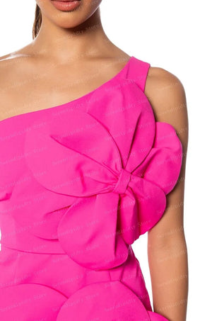 One Shoulder Bodycon Floral Hot Pink Matte Satin Dress