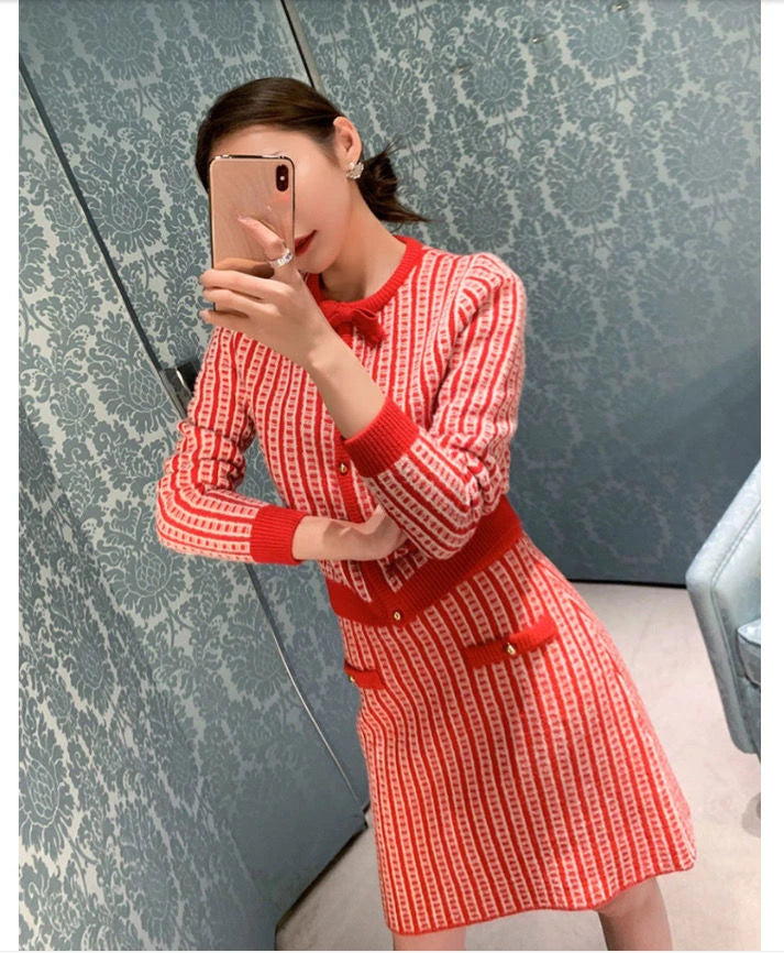 Elegant Knitted Bow Tie O-neck Knitwear Cardigan Coat + High Waist Mini Sweater Skirt