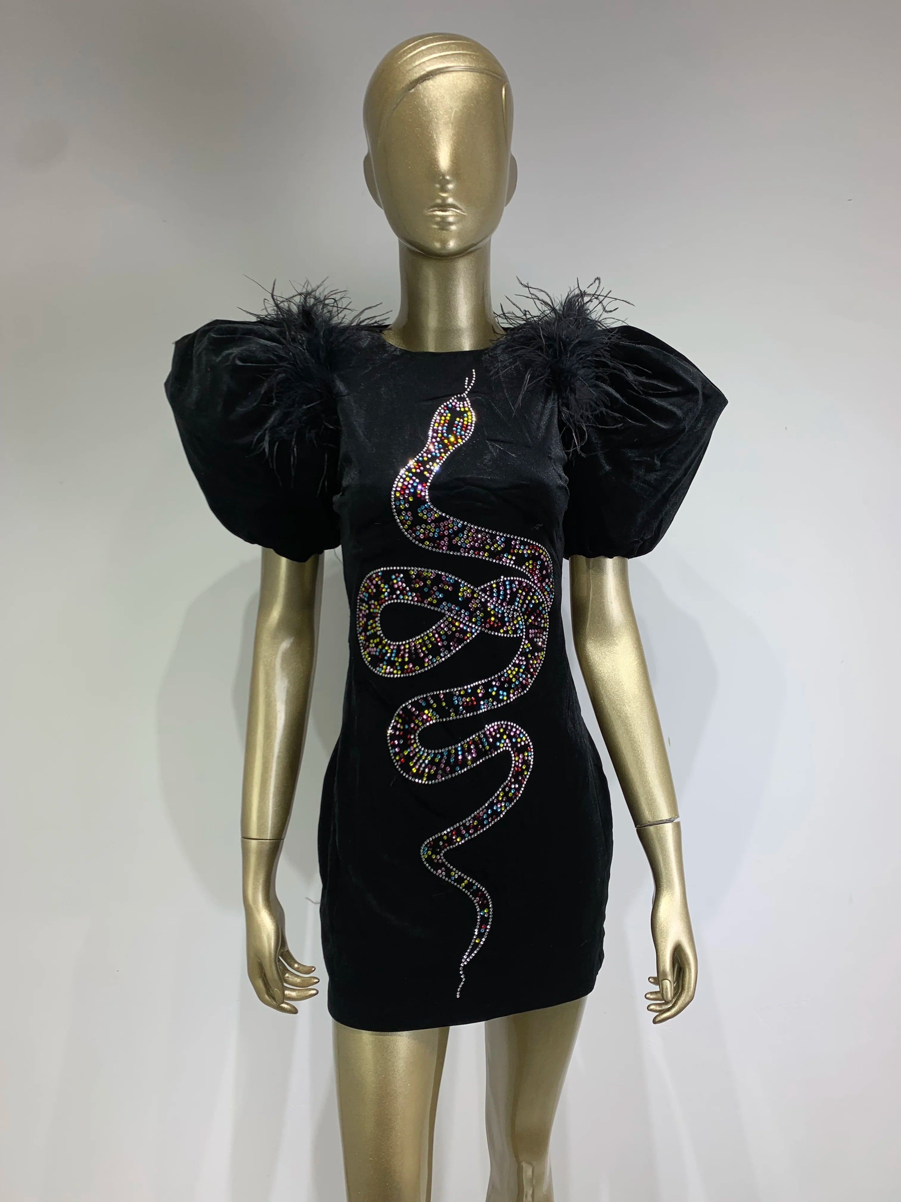 Runway Puff Sleeve Snake Crystal Diamonds Velvet Black Mini Dress