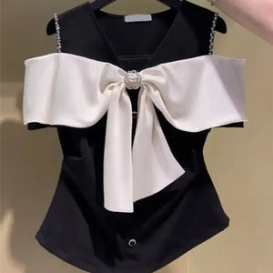 Off Shoulder Color Block 3D Diamond Bow T-shirt