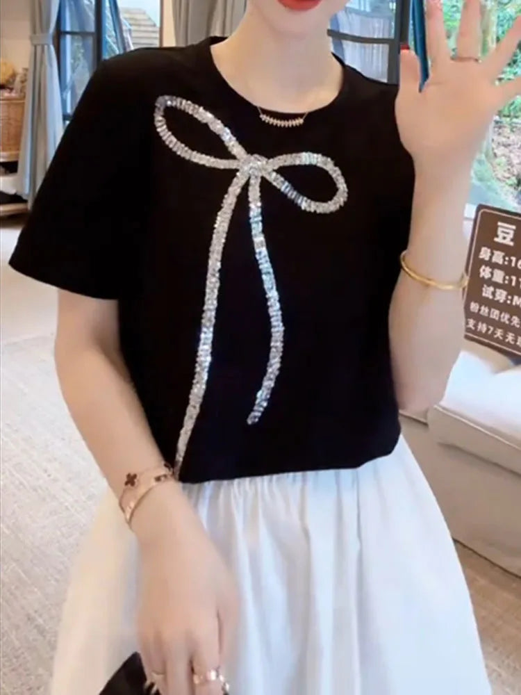 Cotton Diamonds Edging Bow Tassel Slim T-Shirt