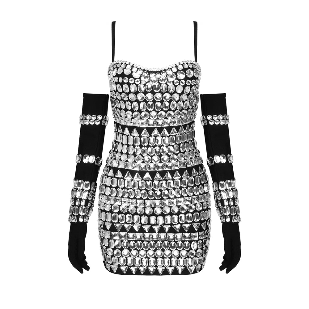 Luxury Gloves Diamond Bodycon Bandage Black Mini Dress