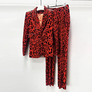 Velvet Designer Red Leopard Print Pencil Pants + Jacket 2pcs Suit