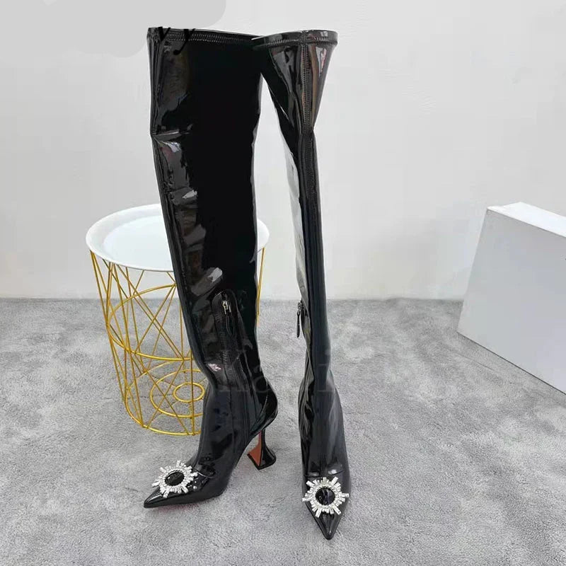 Patent Leather Black Rhinestone Flower Thigh High Boots