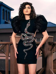 Runway Puff Sleeve Snake Crystal Diamonds Velvet Black Mini Dress