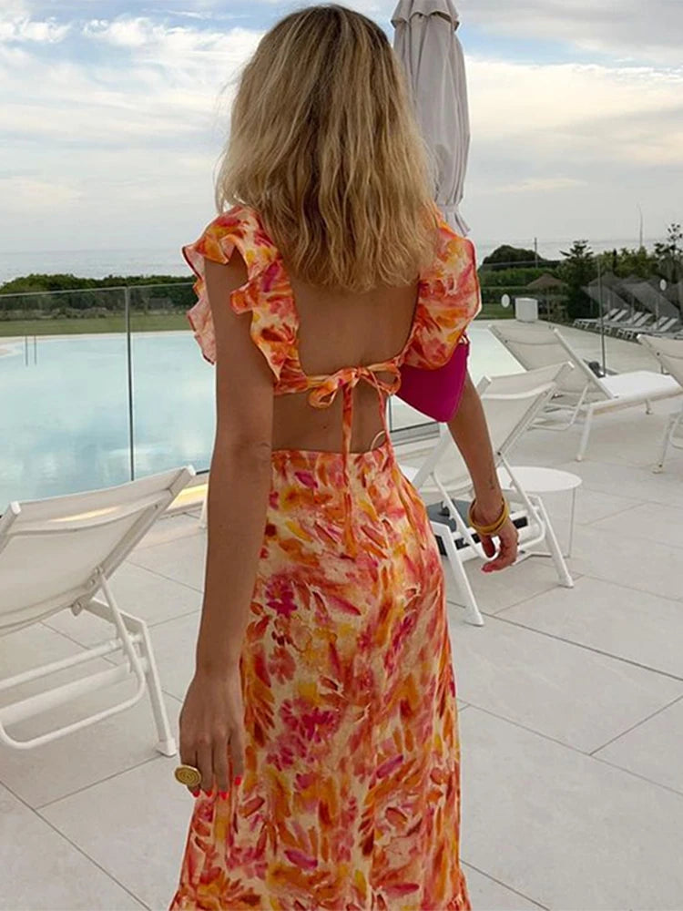 Fashion Floral Print Ruffle Slip Maxi Dresses