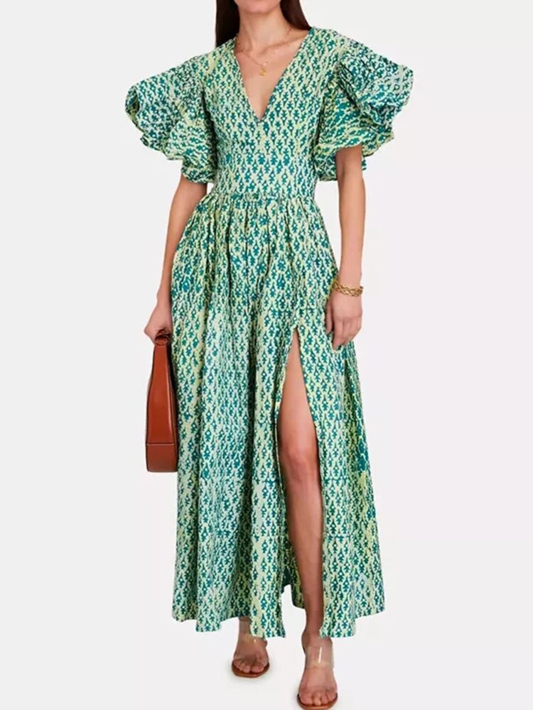 Green Print Puff Sleeve Dresses