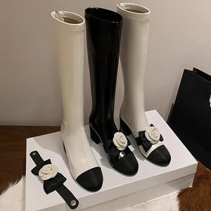 Camellia Flower Round Toe Knee High Boots