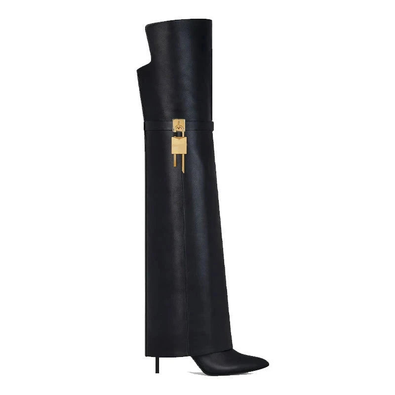 Over Knee Boots Pointed Toep Shark Lock Fold Boots