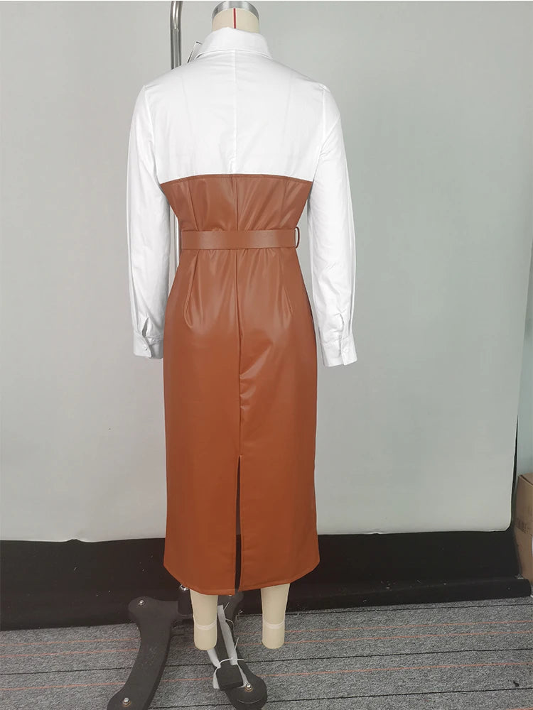 Shirt PU Skirt Patchwork Pocket Skinny Belted Lapel Female Midi Dress