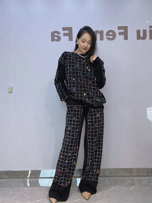 Hot Diamond Knit Sweater Top And Straight Leg Pants Two-piece Set