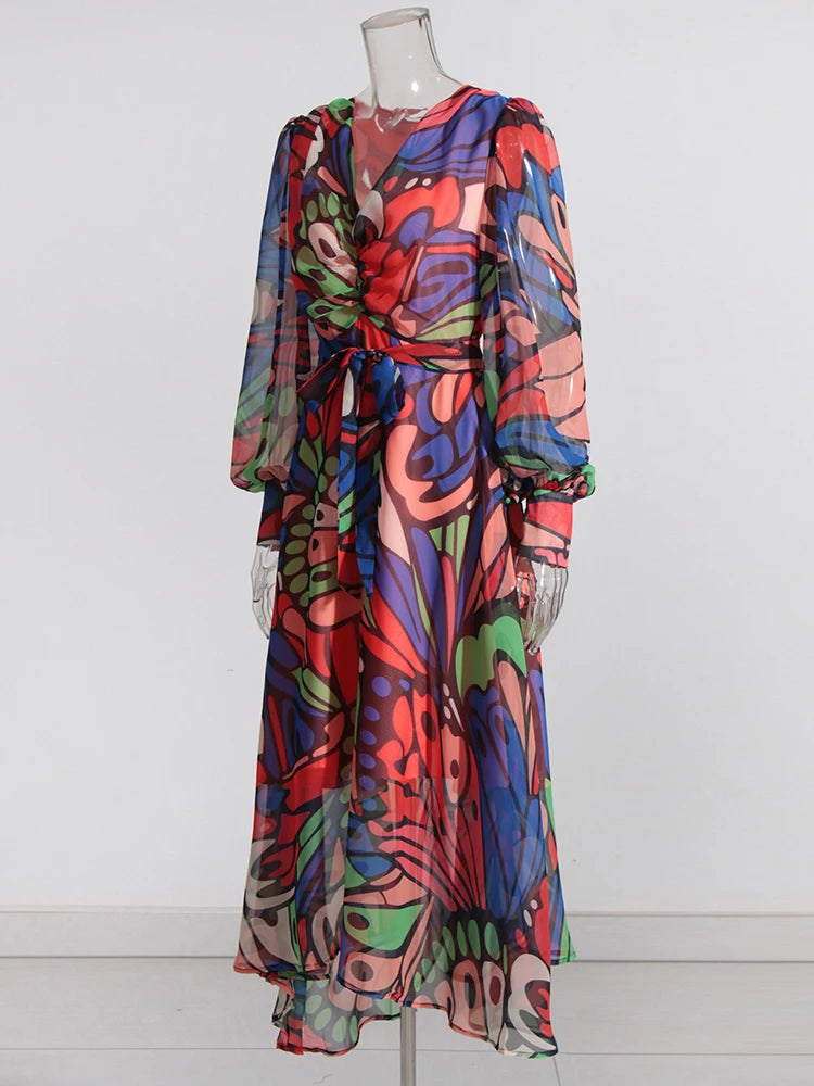 Ruched Print Long Dress