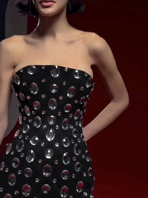 Celebrity Sexy Strapless Backless Beading Crystal Black Mini Bodycon