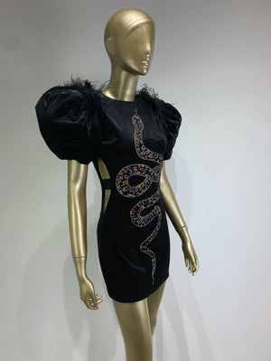 Runway Puff Sleeve Snake Crystal Diamonds Velvet Black Mini Dress