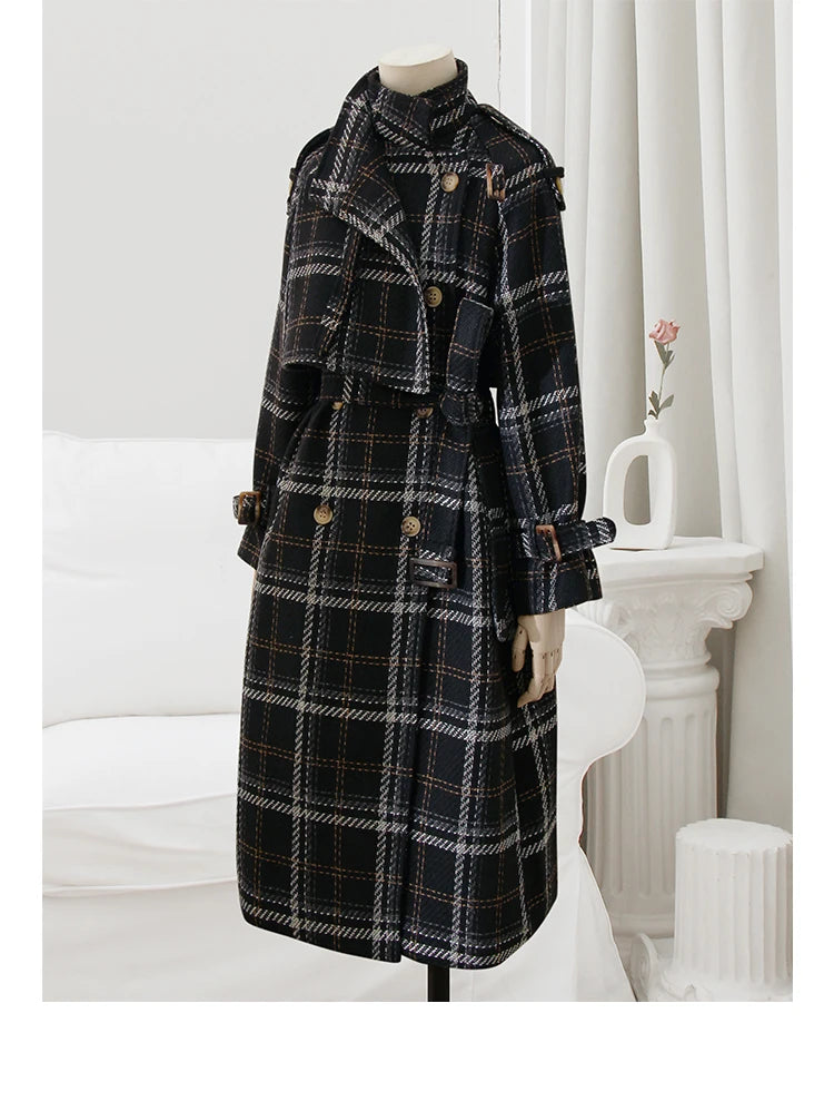 Long Loose Warm Plaid Wool Blends Trench Coat