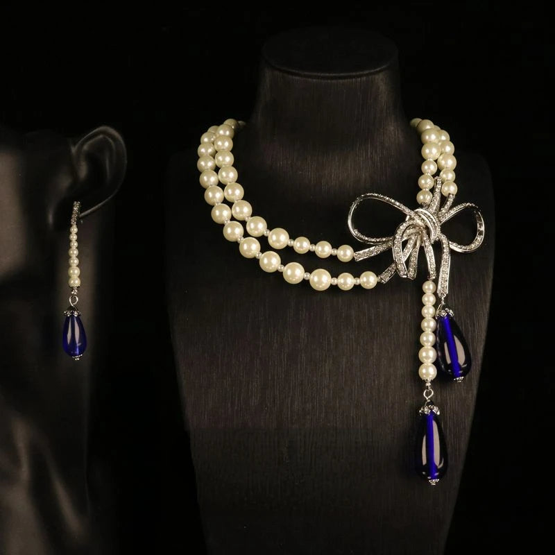 Luxury Bow Blue Rhinestone Pearl Necklace Set