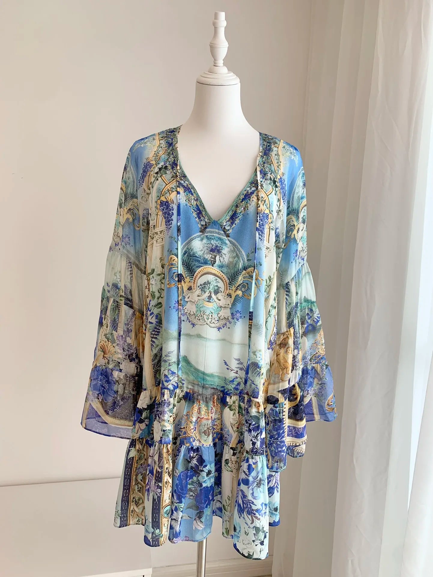 Flower Printed Beaded Full Sleeve 100% Silk Mini Dress