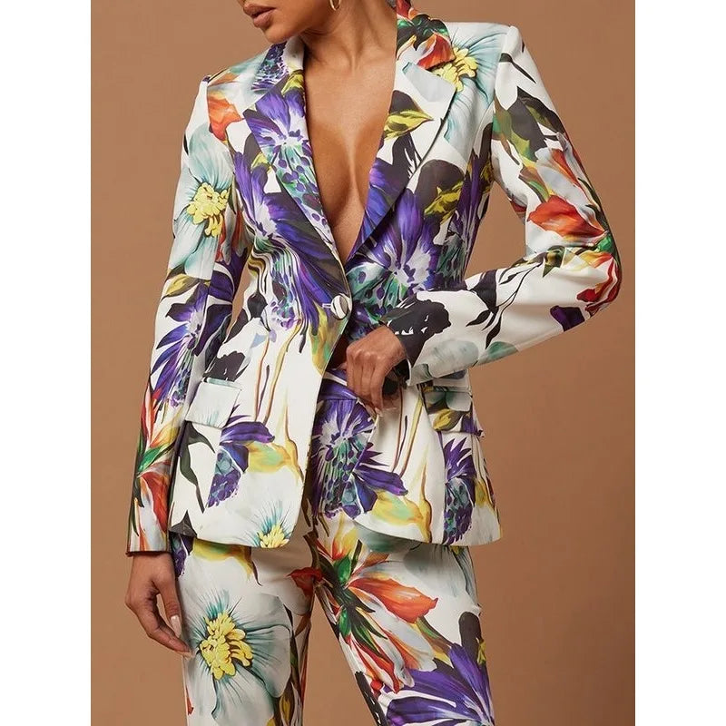 Colorful Floral Printed Split-Joint Lapel Suit