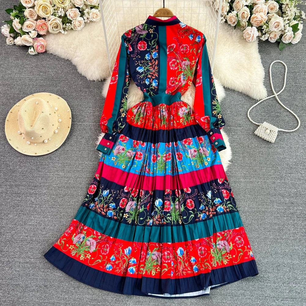 Bow Collar Long Sleeve Floral Printed Elegant  Runway Dresses