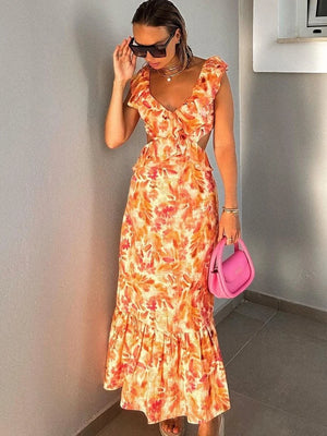 Fashion Floral Print Ruffle Slip Maxi Dresses