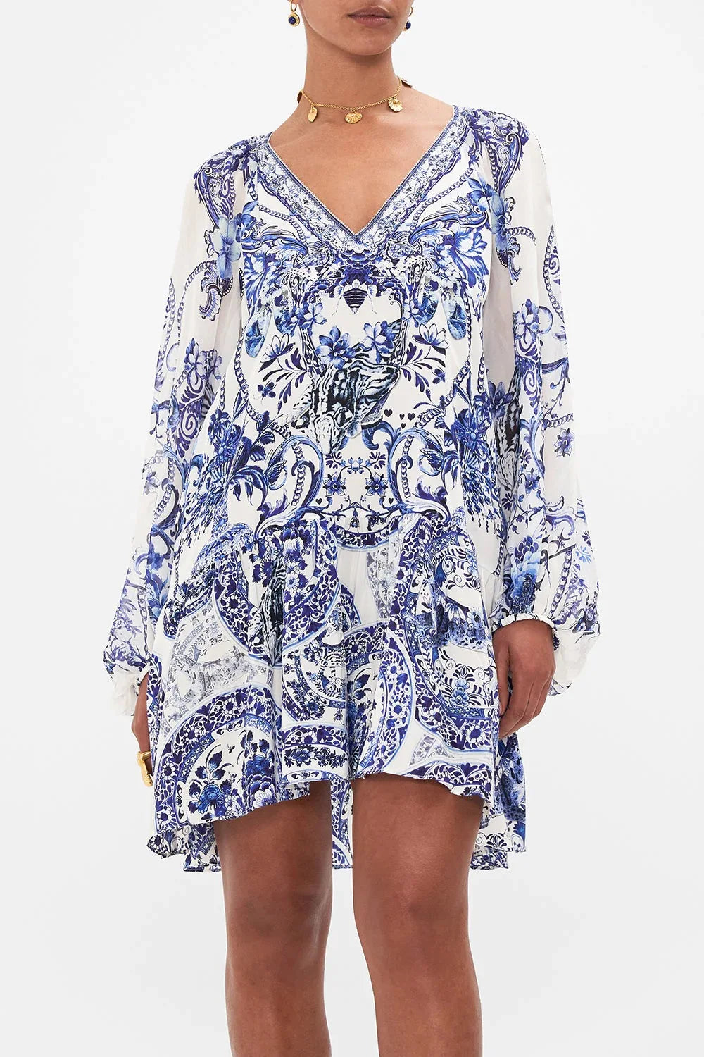 V Neck Crystals Beaded Blue and White Porcelain Print Loose 100% Silk Short Dress