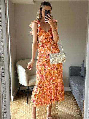 Fashion Floral Print Ruffle Slip Maxi Dresses