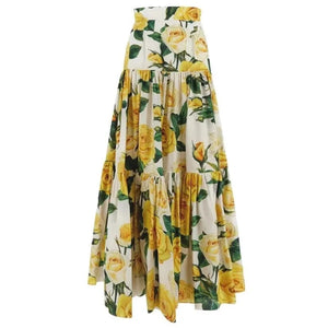 Poplin Yellow Rose Printed Spaghetti Strap Top+Poplin High-Waisted Half Skirt 2-Piece Set