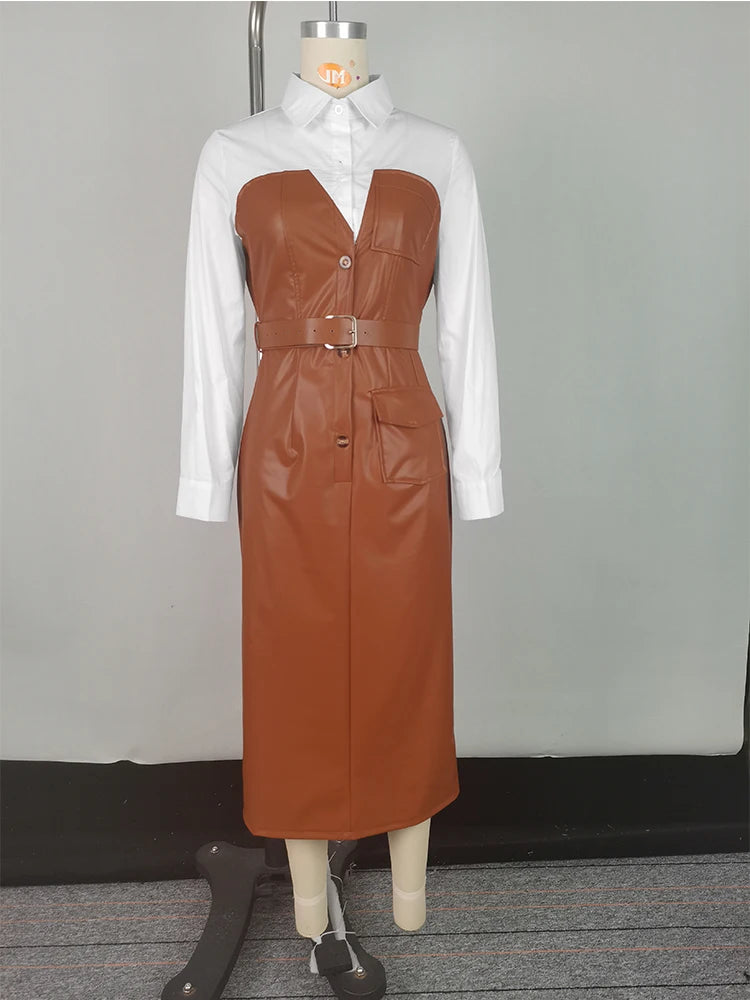 Shirt PU Skirt Patchwork Pocket Skinny Belted Lapel Female Midi Dress