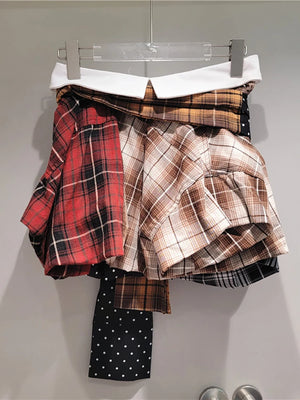 Cuffs Patchwork Design Contrast Color Plaid Printed White Dot Short Skirt