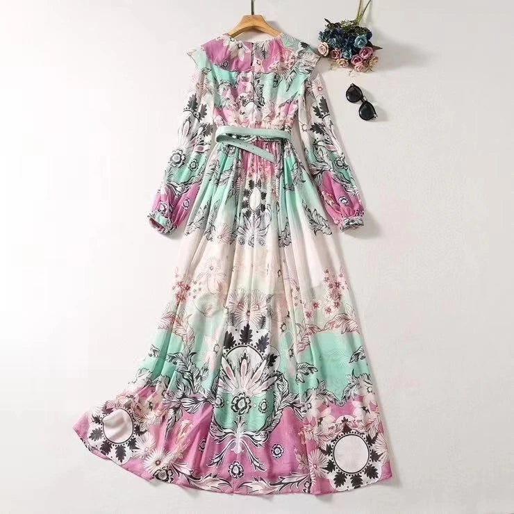 Ruffled Floral Print Belt Pleated Dress