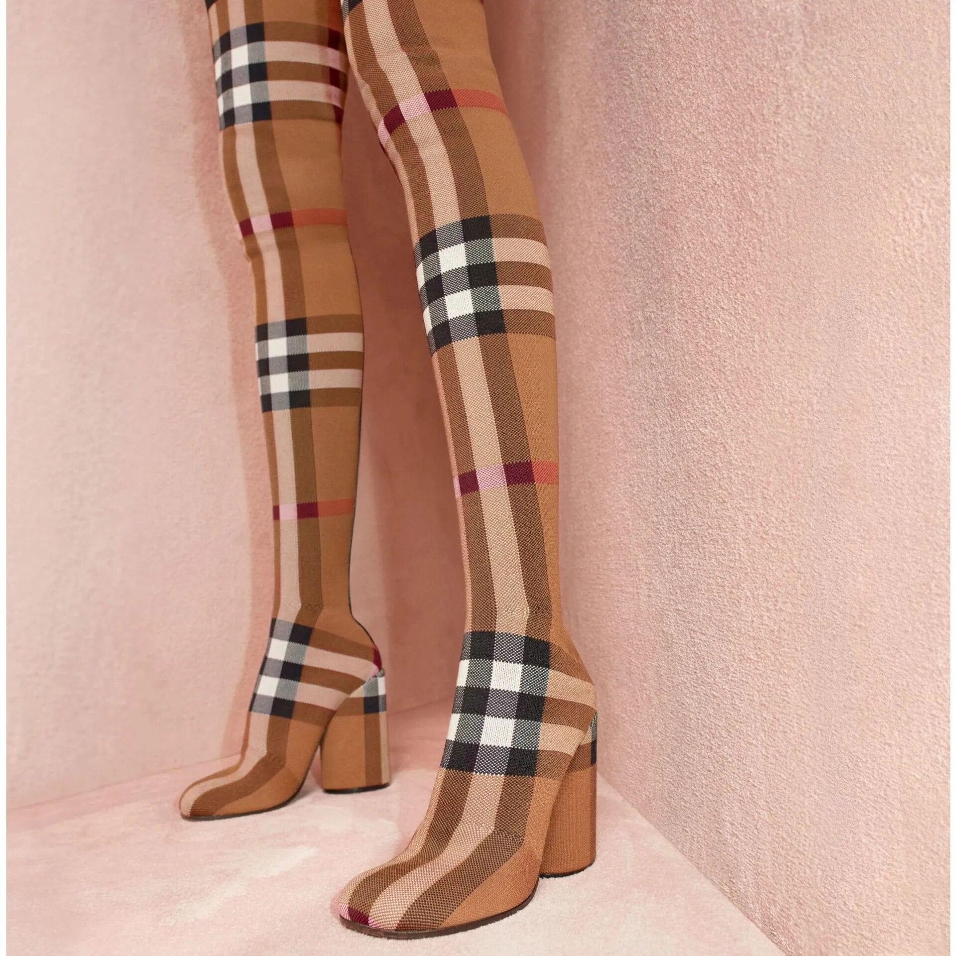 Plaid Elastic Over Knee Boots