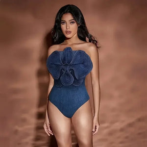 Off Shoulder 3D Flower Denim printed One piece Swimsuit Set