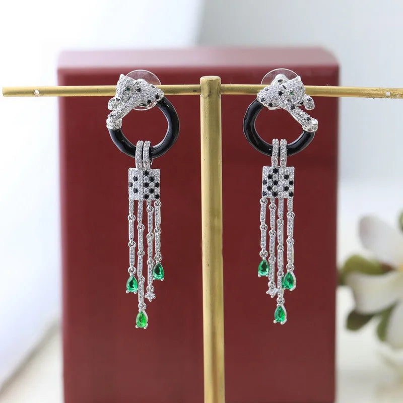 Designer Luxury Czech Zircon Green Eyes Leopard Earrings