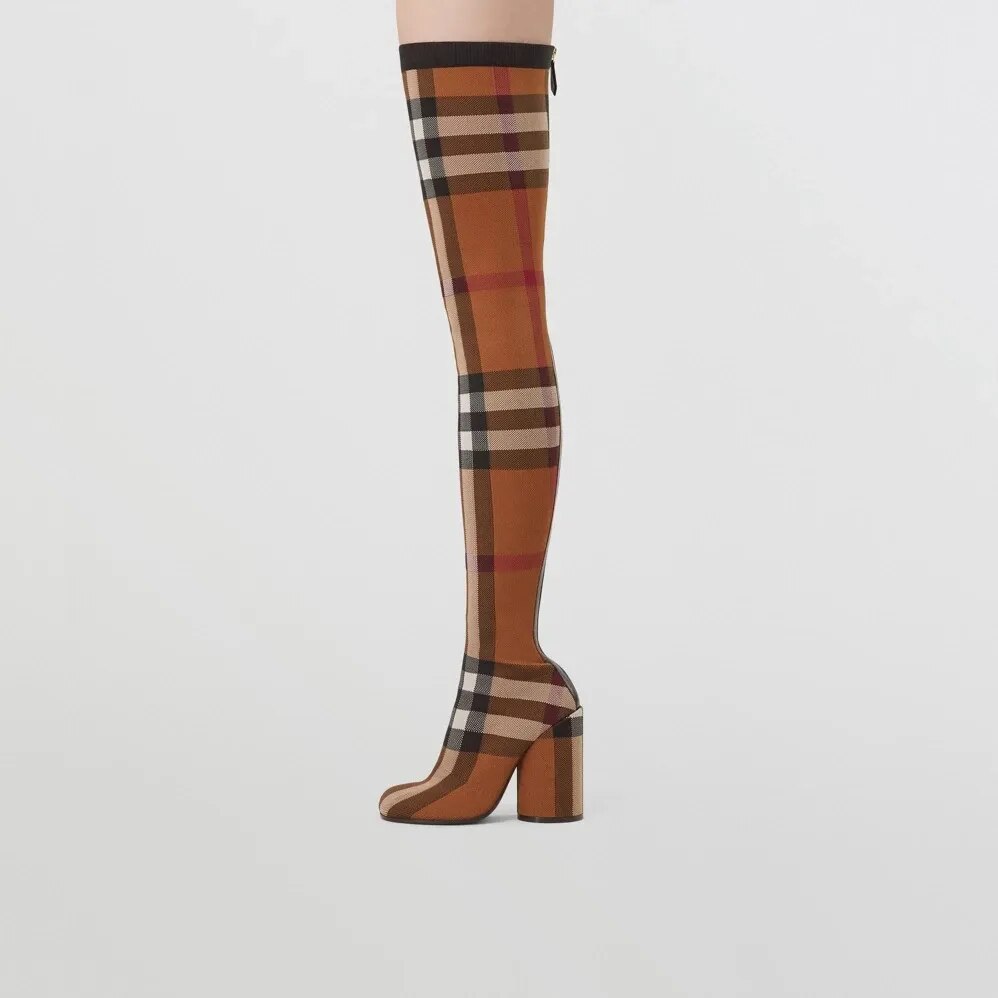 Plaid Elastic Over Knee Boots