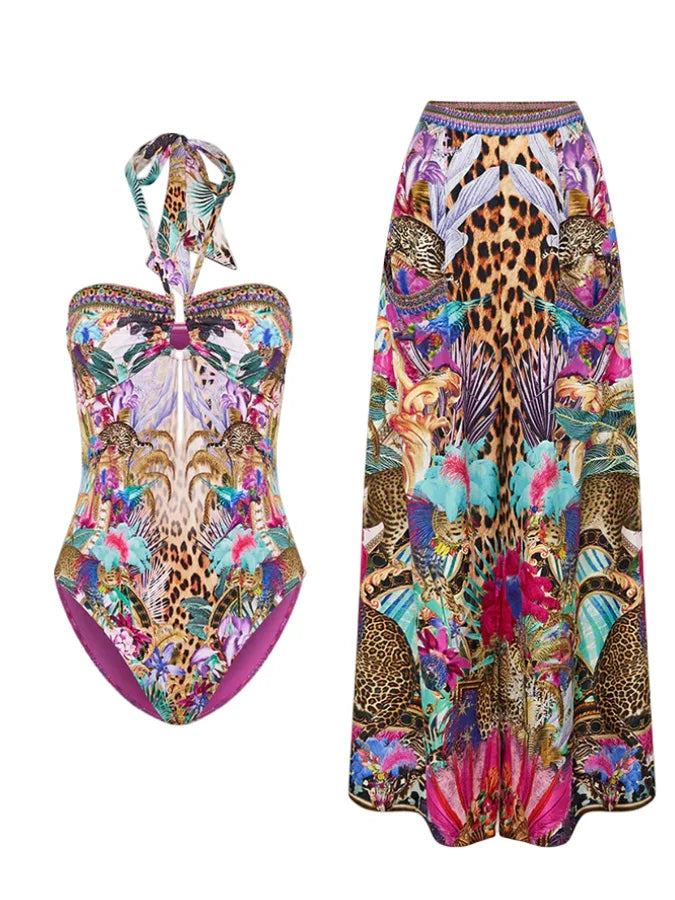 One-piece Print Tie Design And Long Loose Trousers  Swimsuit