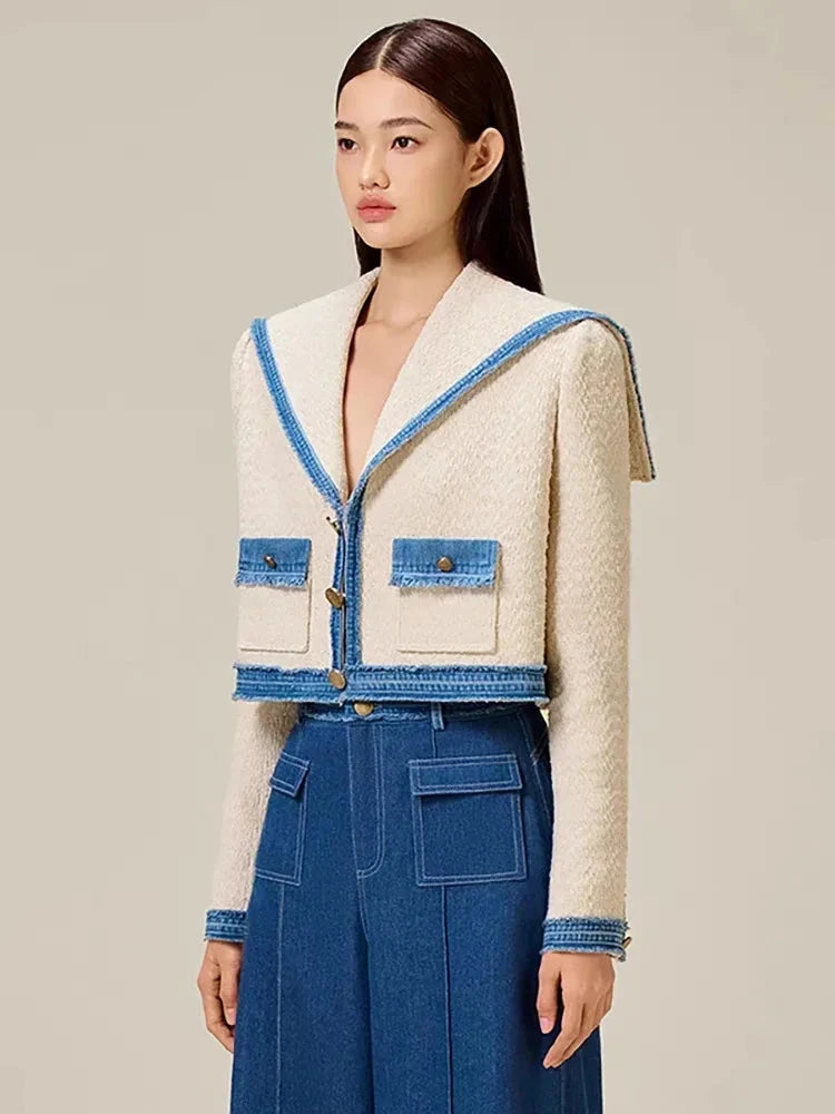 Elegant Short Sailor Collar Patchwork Pockets Pant , Coat