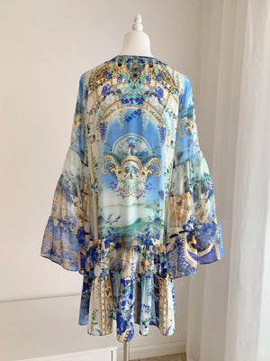 Flower Printed Beaded Full Sleeve 100% Silk Mini Dress