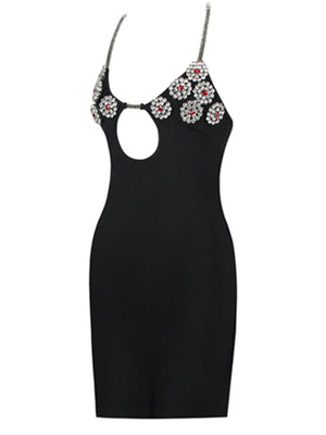 Key Hole Crystal Diamonds Black Mini Bandage Dress